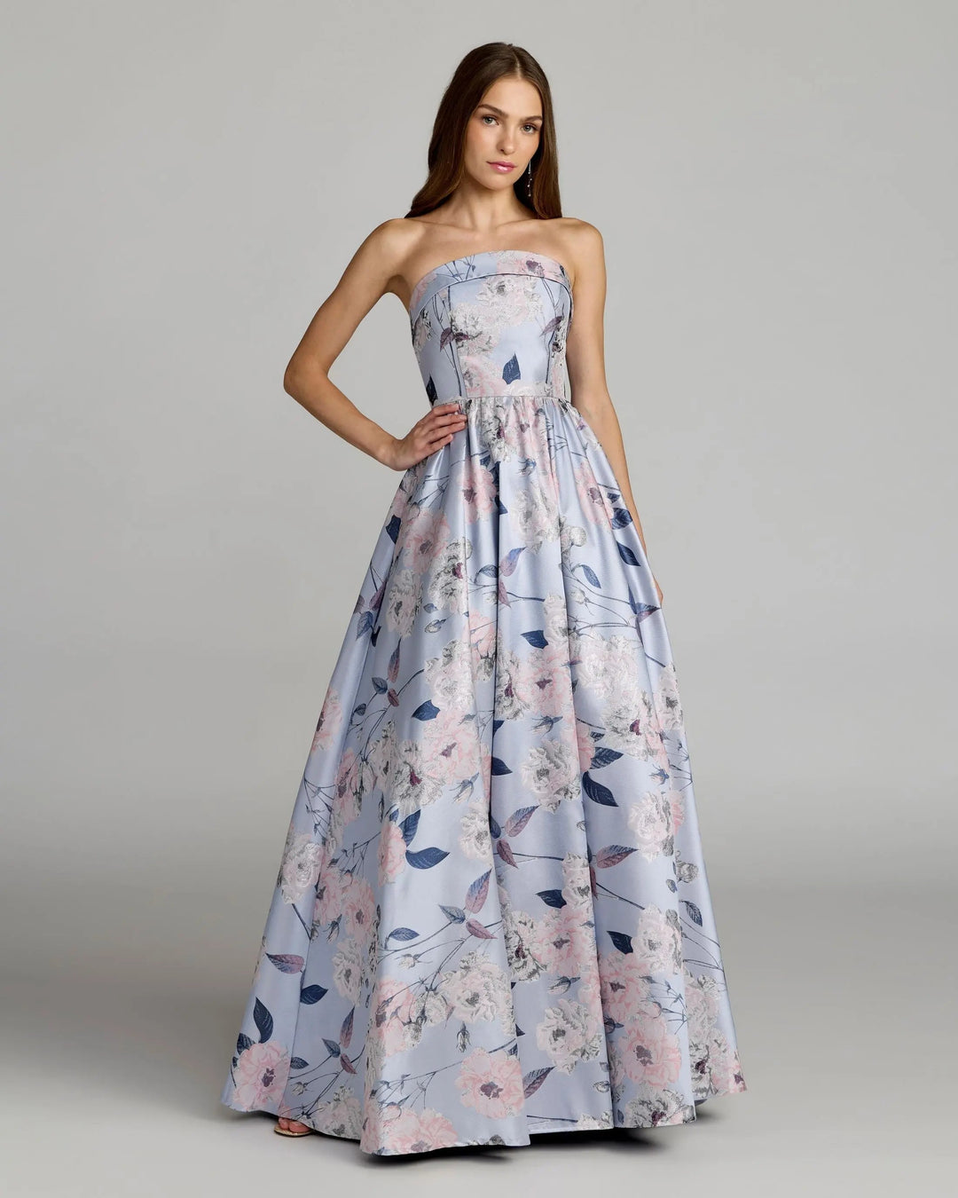 Blue Floral Brocade Strapless Ball Gown - FOSTANI.com