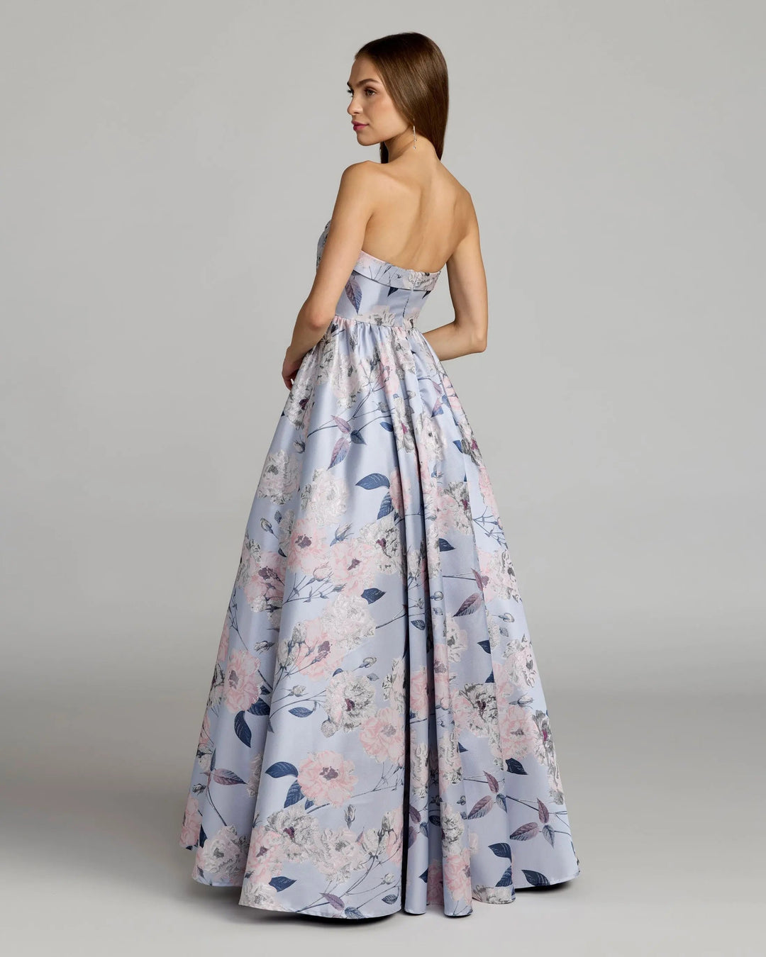Blue Floral Brocade Strapless Ball Gown - FOSTANI.com