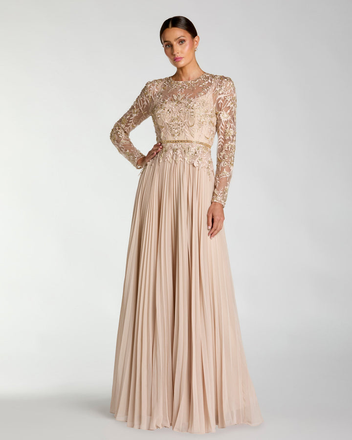 Beige Long Sleeve Chiffon Embellished Gown - FOSTANI.com