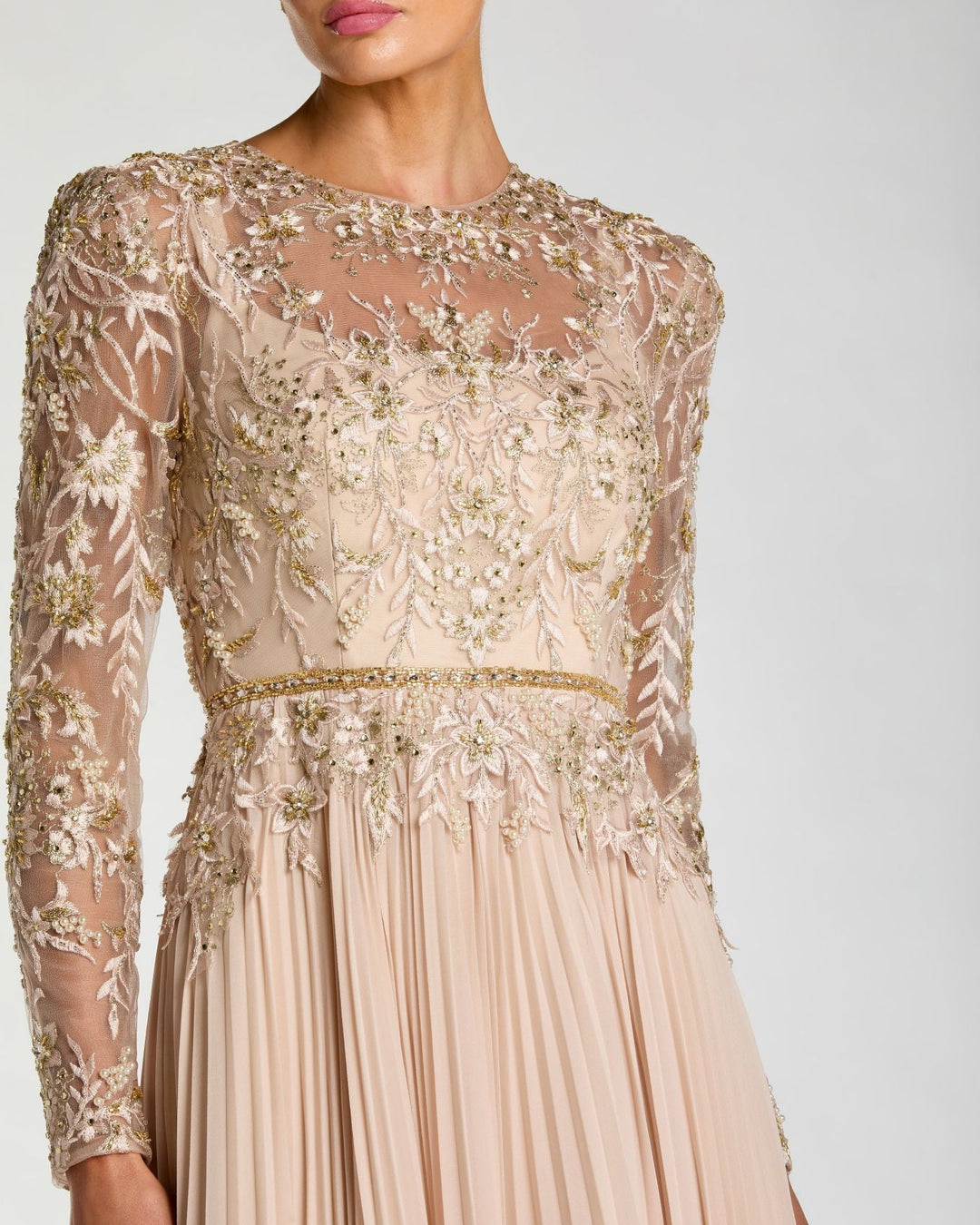 Beige Long Sleeve Chiffon Embellished Gown - FOSTANI.com