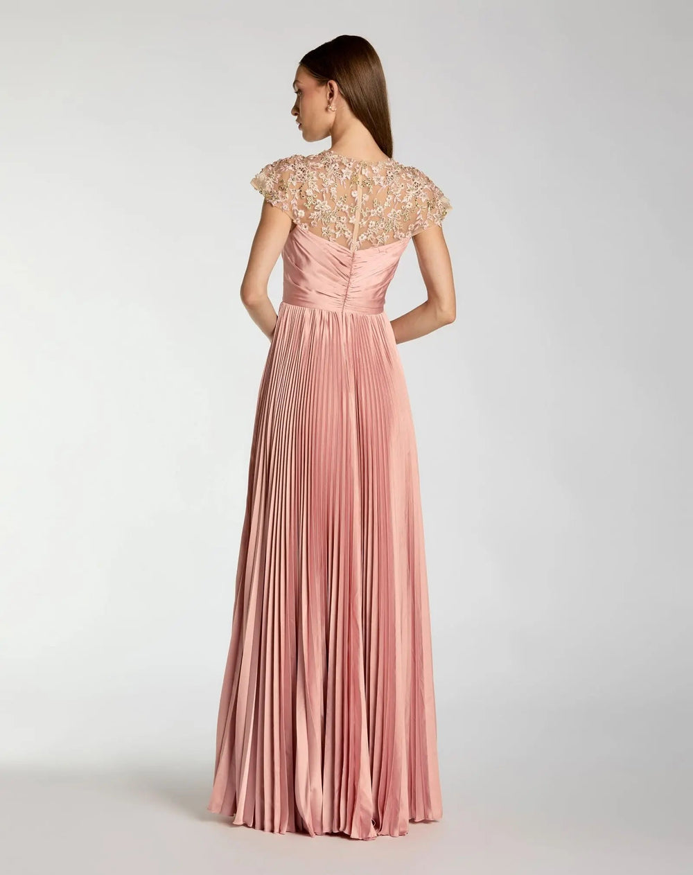 Pink Pleated Charmeuse Embellished Cap Sleeve Gown - FOSTANI.com