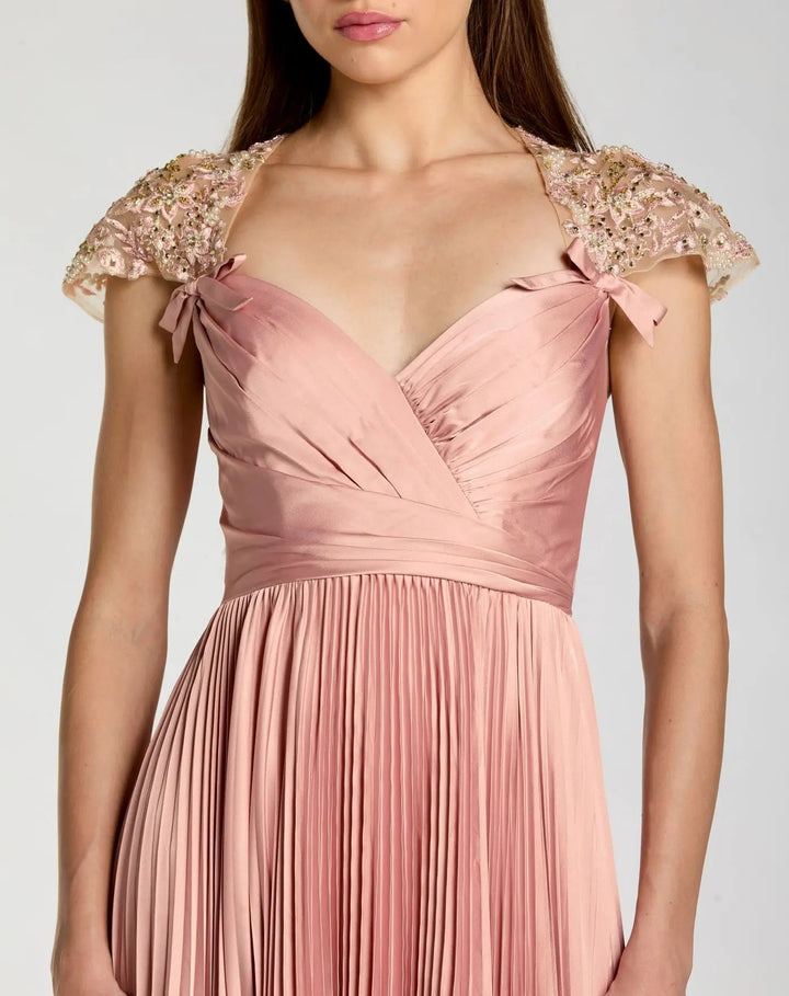 Pink Pleated Charmeuse Embellished Cap Sleeve Gown - FOSTANI.com