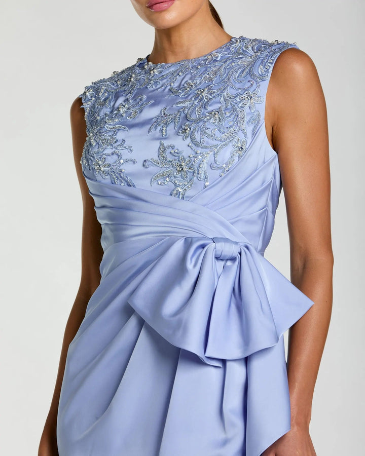 Blue Satin Beaded Embroidered Midi Dress With Bow - FOSTANI.com