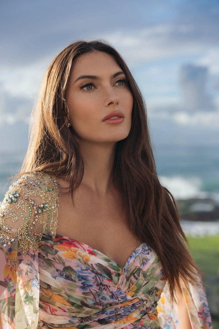 Multicolor Floral Gown With Beaded Cape Sleeves - FOSTANI.com