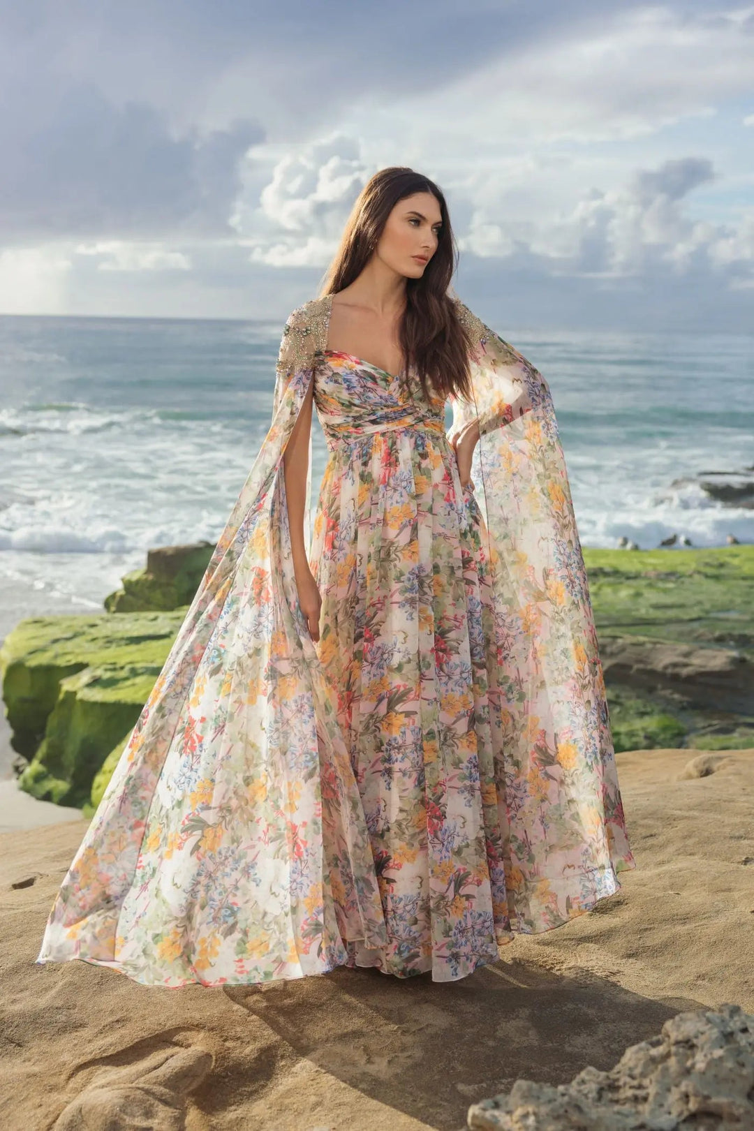 Multicolor Floral Gown With Beaded Cape Sleeves - FOSTANI.com