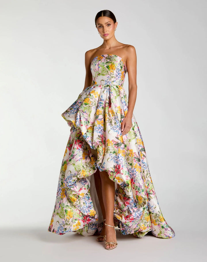 Multicolor Strapless Floral High Low Bubble Hem Gown - FOSTANI.com