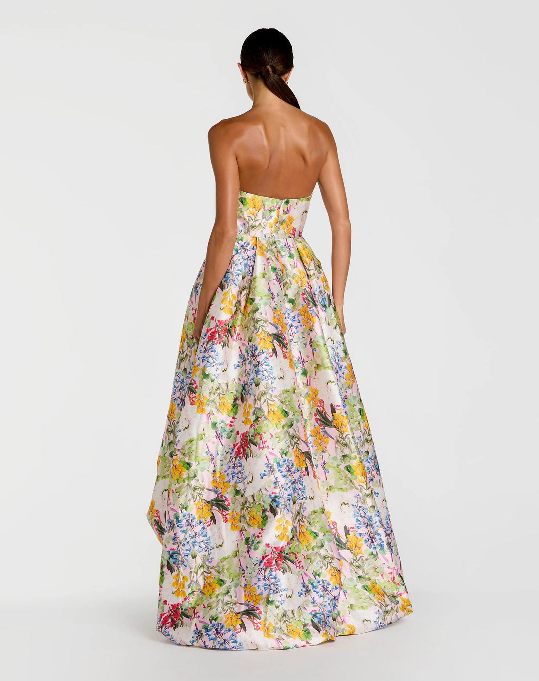Multicolor Strapless Floral High Low Bubble Hem Gown - FOSTANI.com
