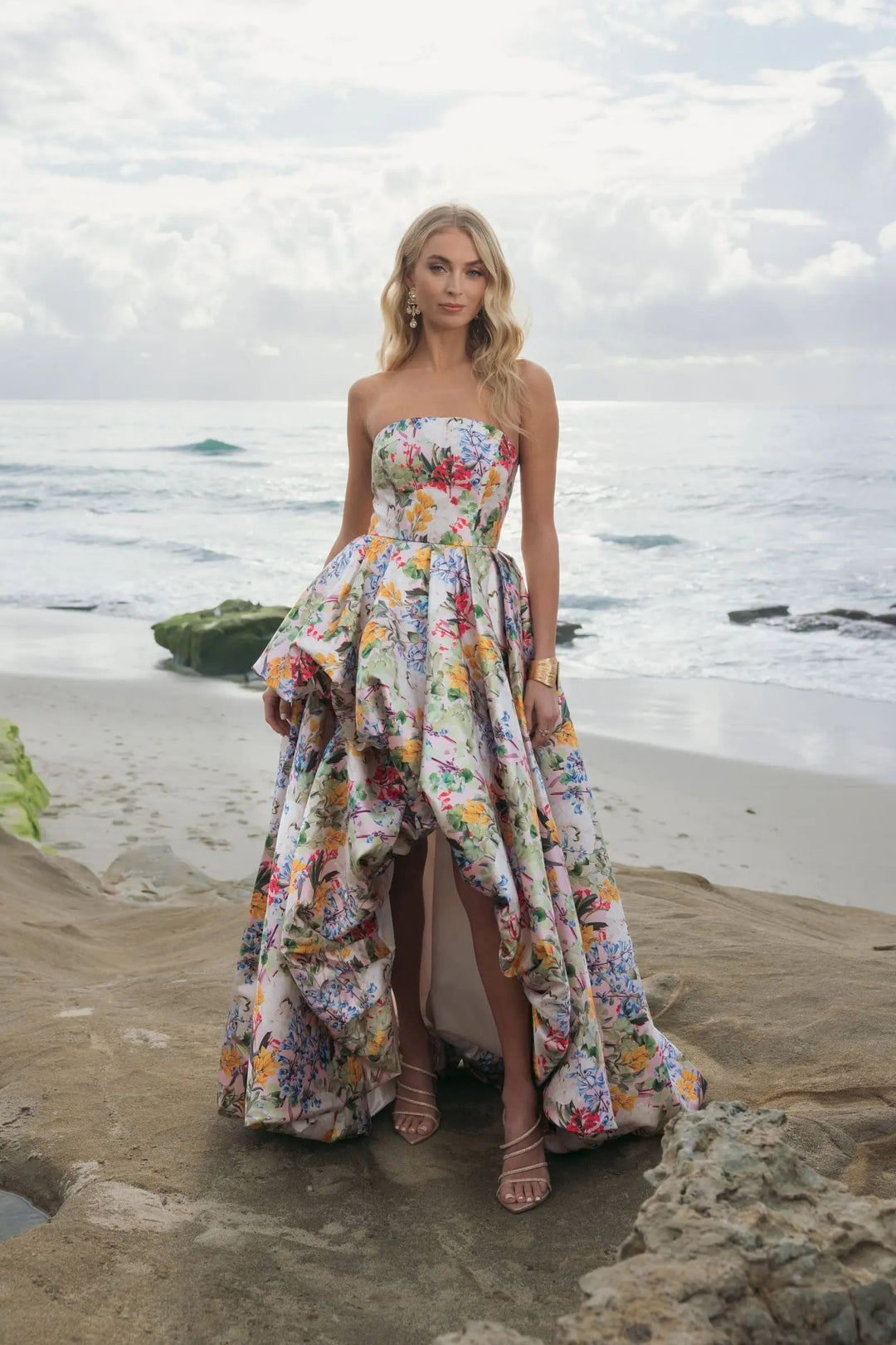 Multicolor Strapless Floral High Low Bubble Hem Gown - FOSTANI.com