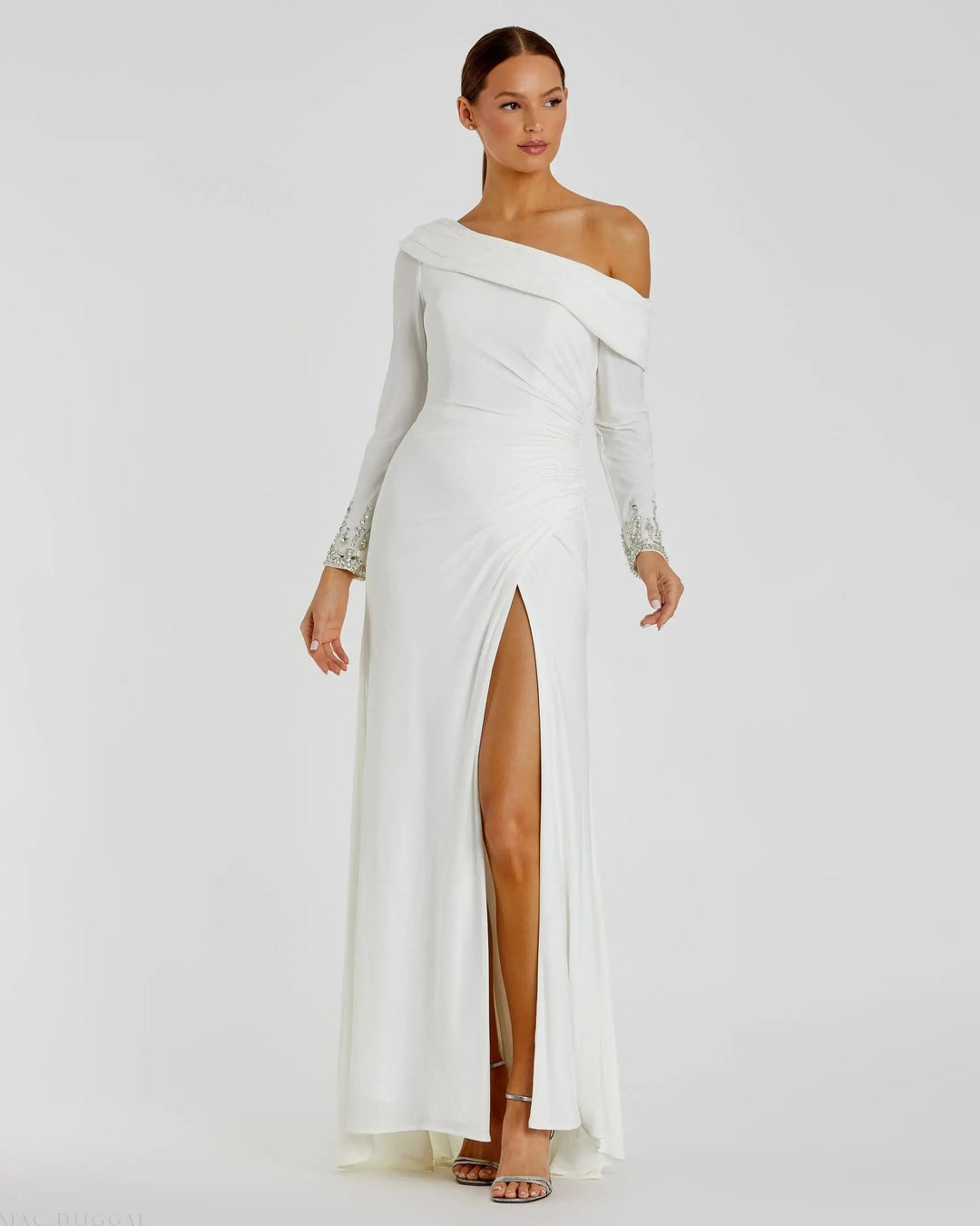 Mac Duggal 12231 Beaded Cuff Drop Shoulder Faux Wrap Gown