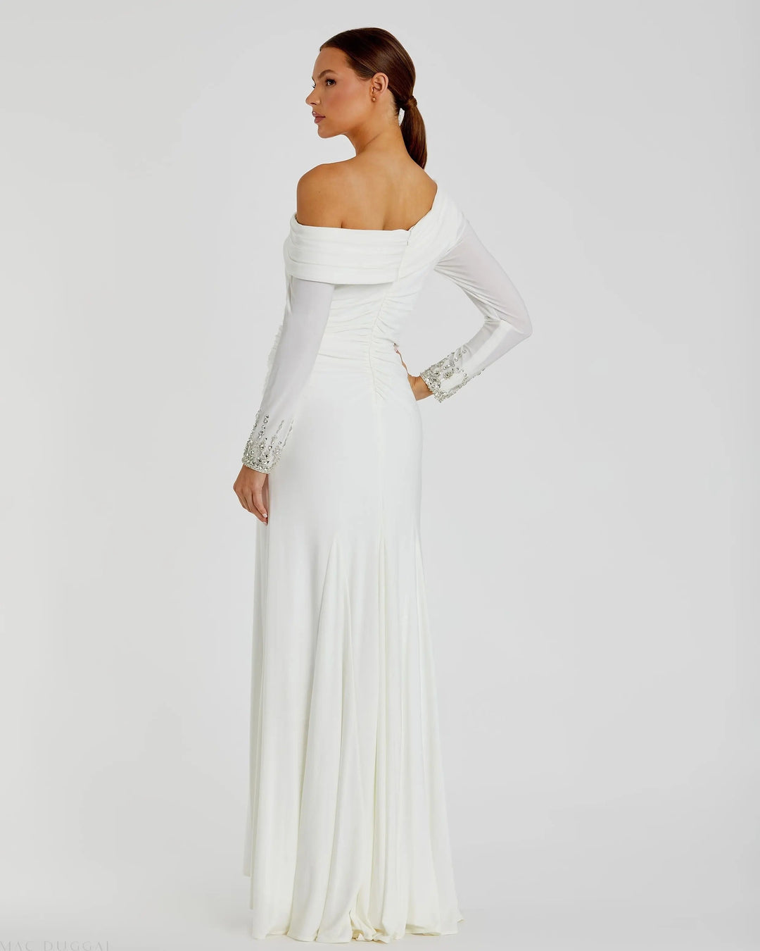 Mac Duggal 12231 Beaded Cuff Drop Shoulder Faux Wrap Gown