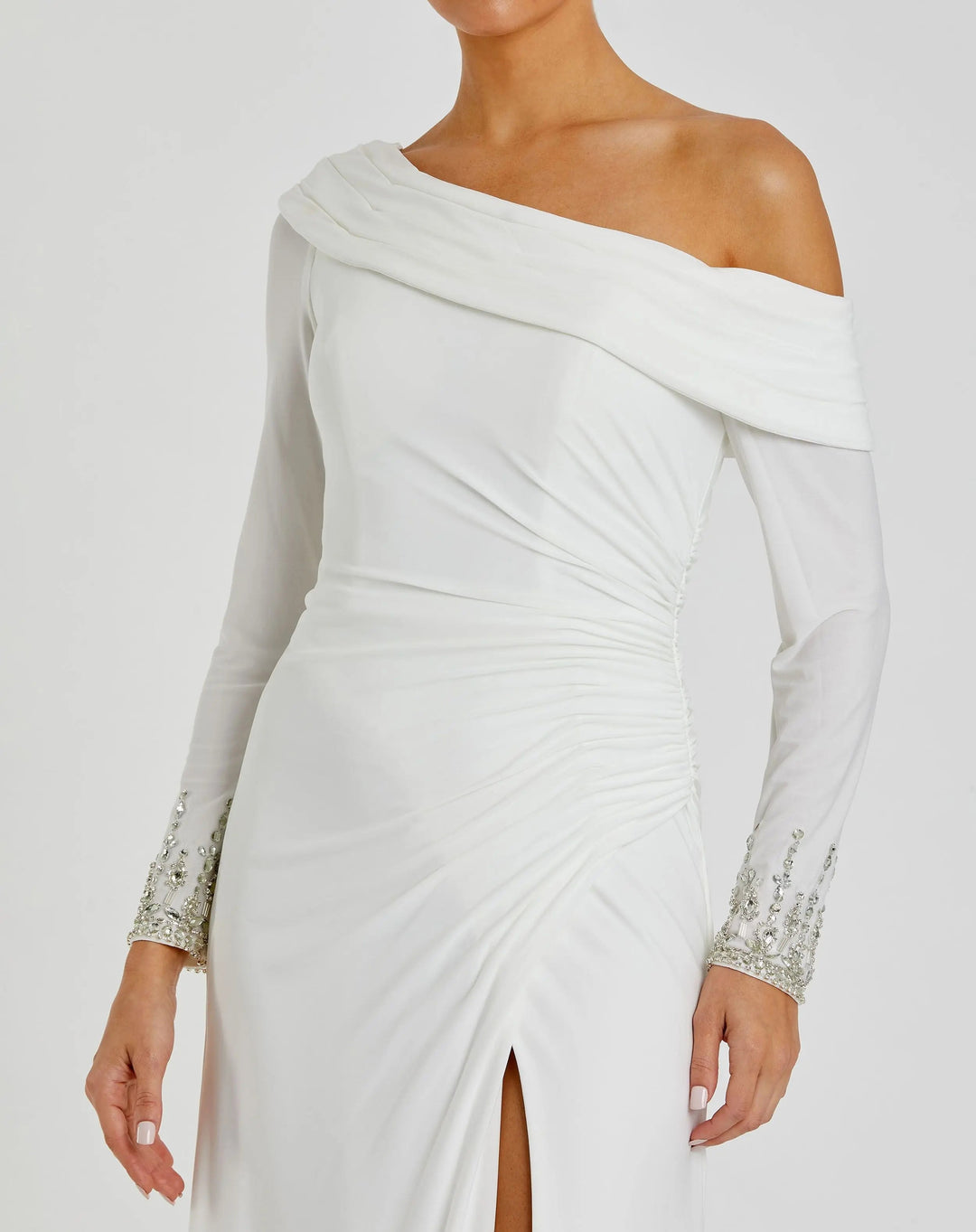 Mac Duggal 12231 Beaded Cuff Drop Shoulder Faux Wrap Gown