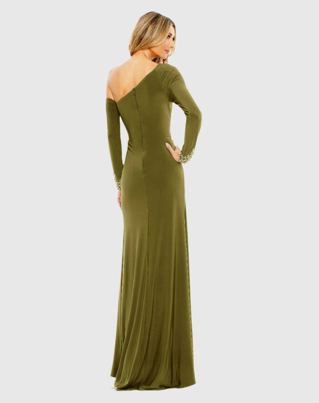 Mac Duggal 12489 Side Twist Drop Shoulder Beaded Cuff Gown