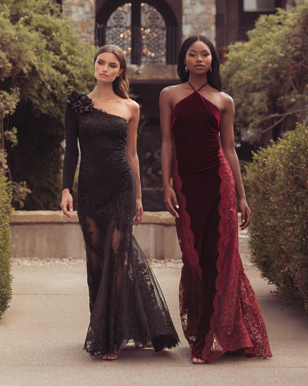 Mac Duggal 21576 Velvet and Lace Halter Column Gown