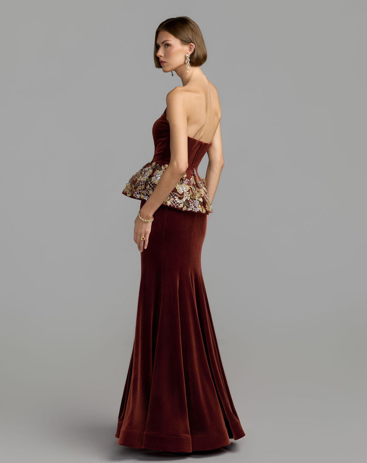Mac Duggal 13315 Strapless Embellished Velvet Peplum Gown