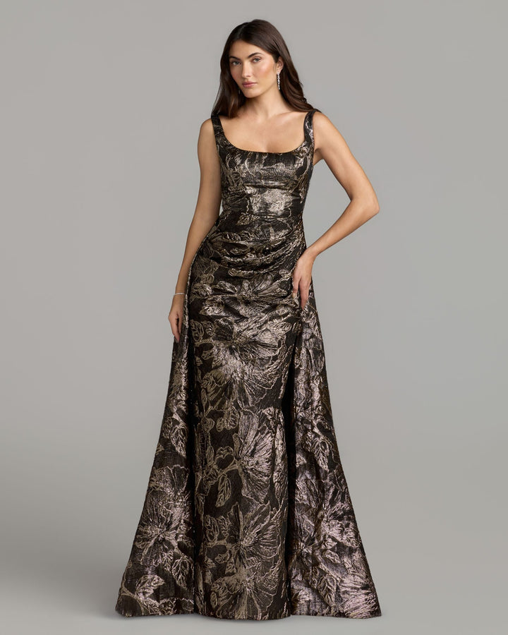 Mac Duggal 13381 Metallic Floral Brocade Gown with Overskirt