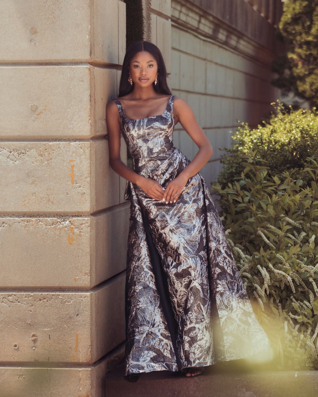 Mac Duggal 13381 Metallic Floral Brocade Gown with Overskirt