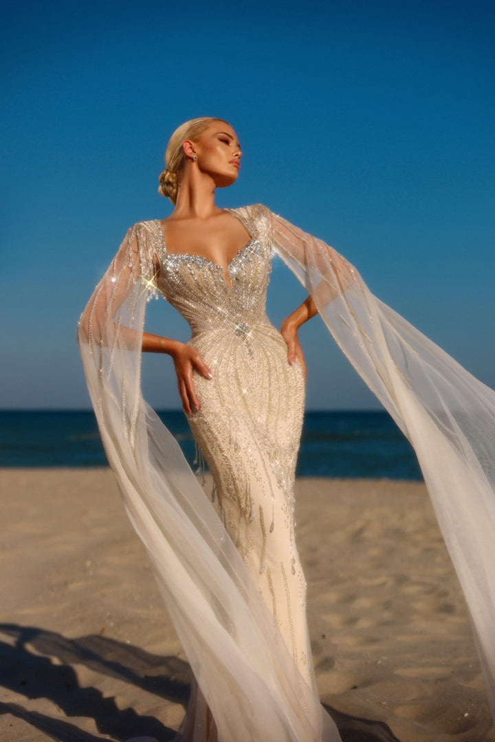Delilah HM329 Plunging Sweetheart Beaded Mermaid Gown with Crystal Fringe Straps and Cape Sleeves - White close-up view