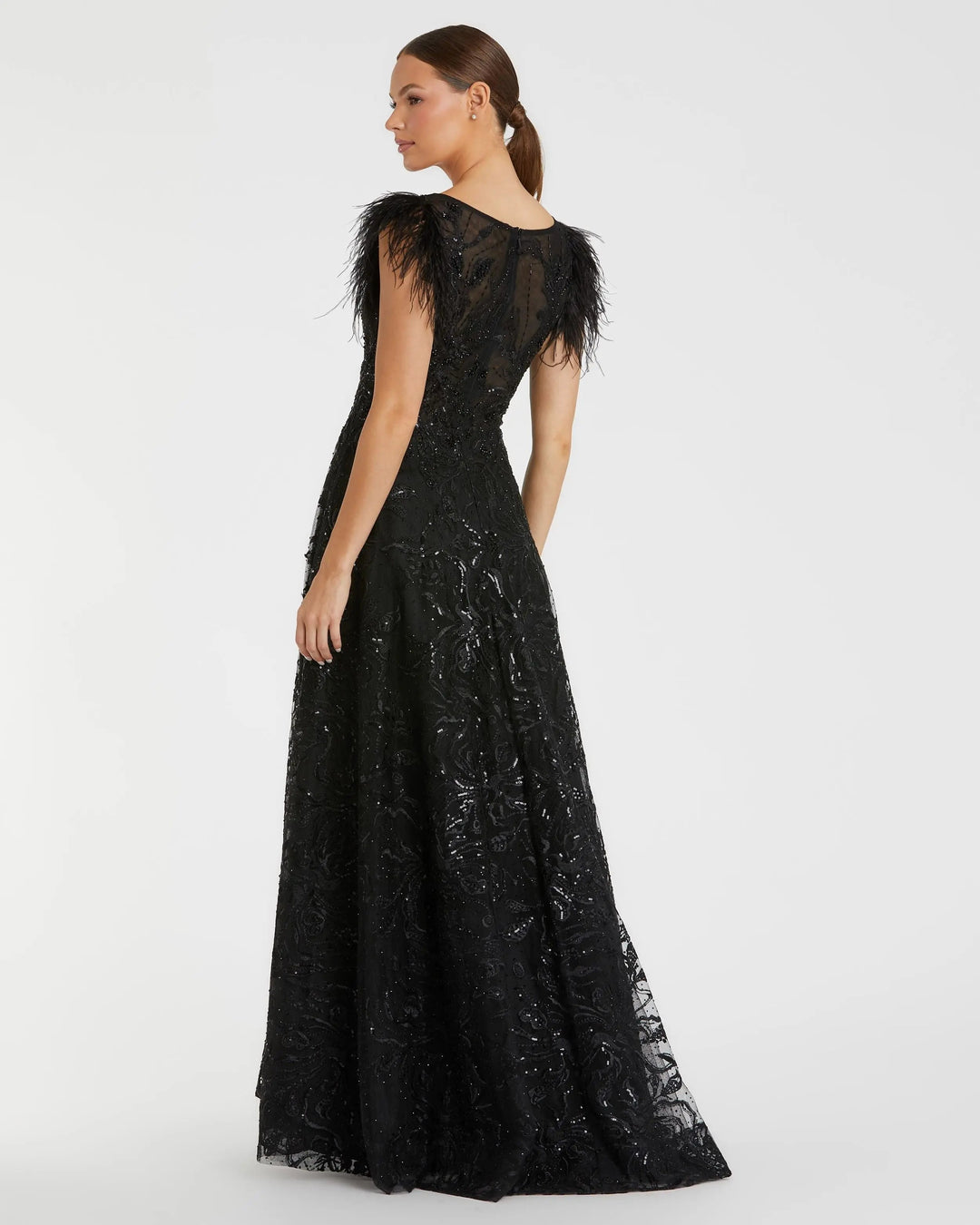 Mac Duggal 20296 Embellished Boat Neck A-Line Gown with Feather Sleeves