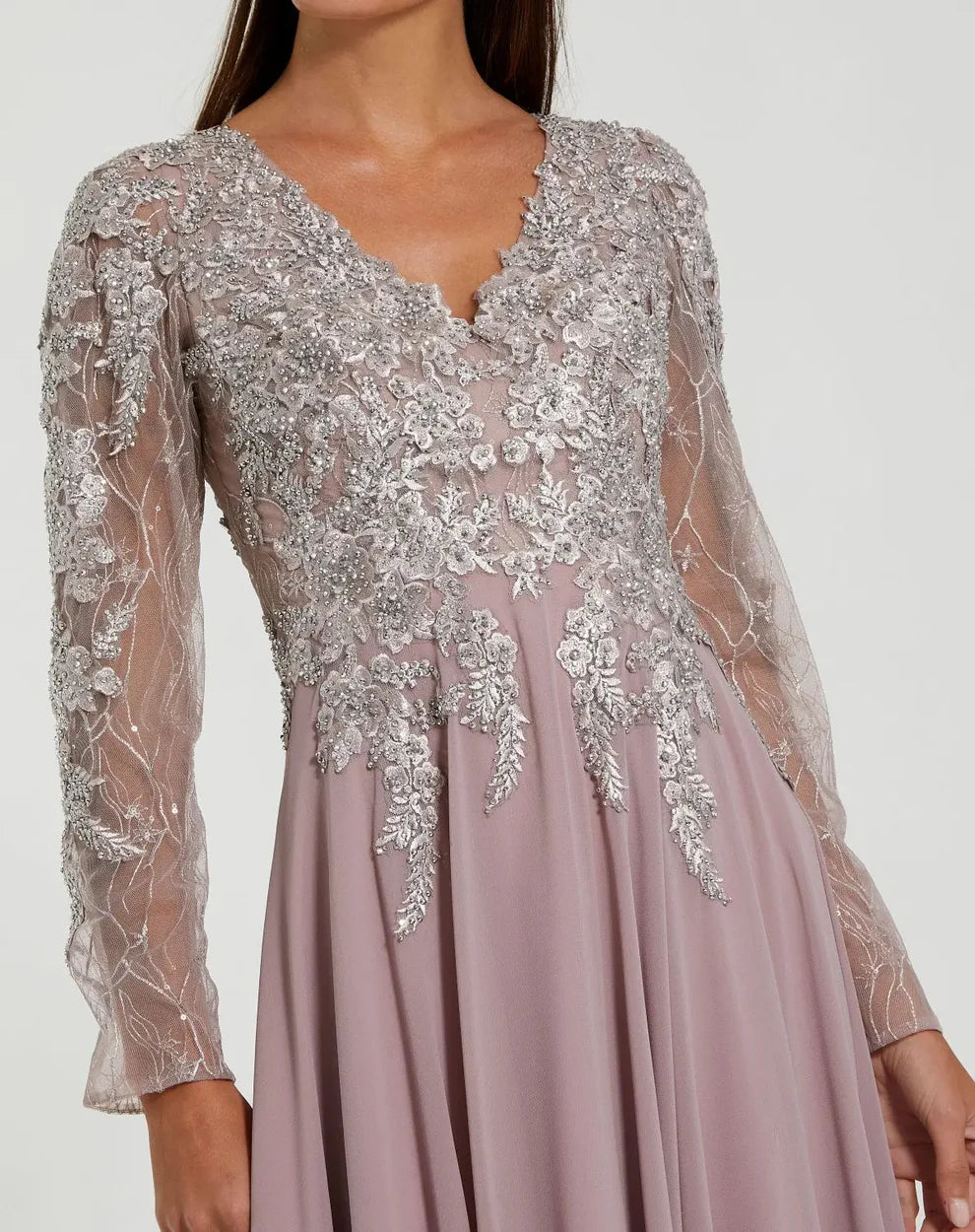 Mac Duggal 20388 Embellished Illusion V Neck Long Sleeve Gown