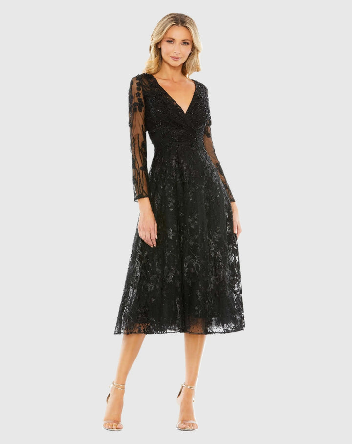 Mac Duggal 204041 Embellished Floral Long Sleeve Dress