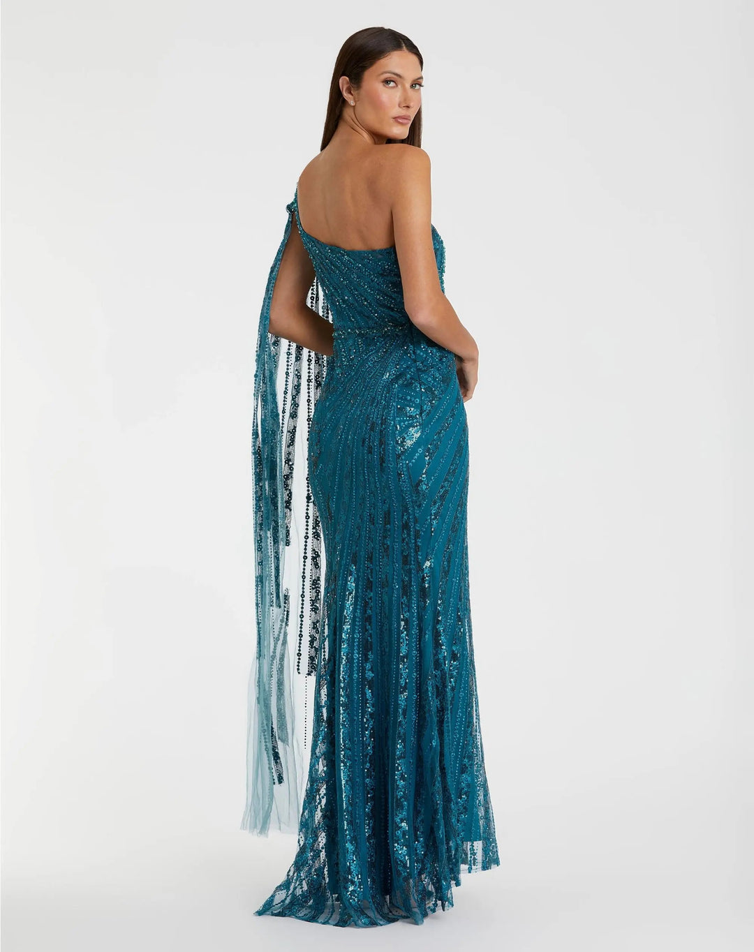 Blue One Shoulder Cape Sleeve Embellished Gown - FOSTANI.com