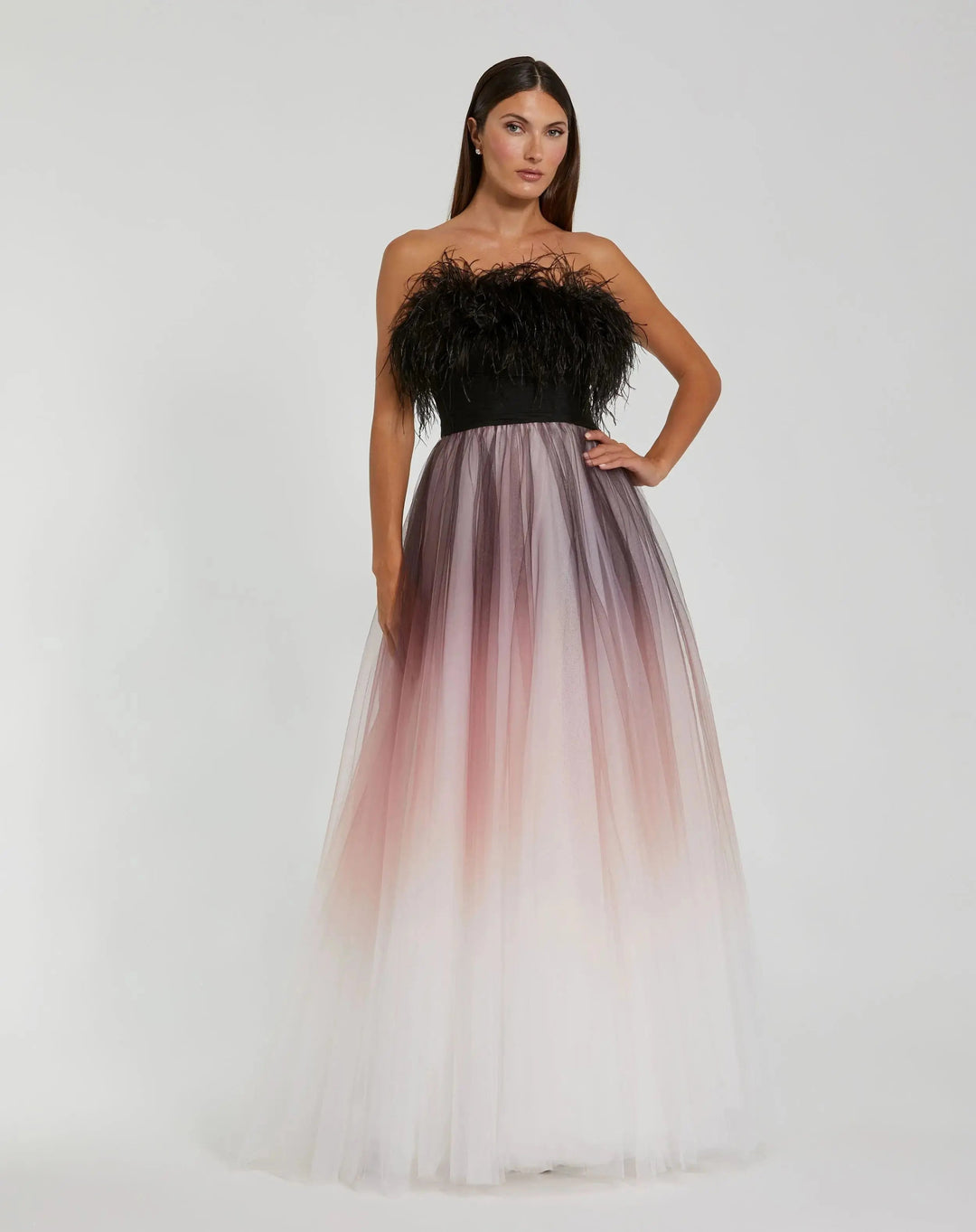 Mac Duggal 20557 Strapless Feather Bodice Tulle Gown
