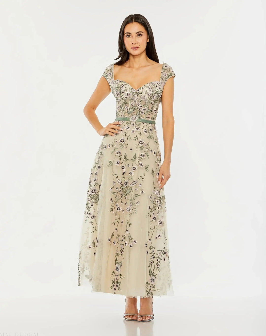 Ivory Floral Embroidered Sweetheart Neckline Midi Dress - FOSTANI.com