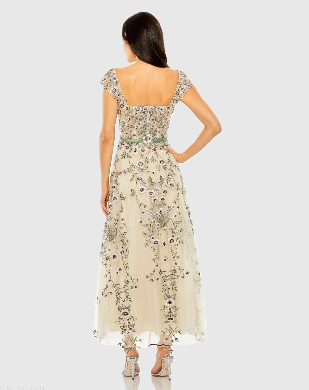Ivory Floral Embroidered Sweetheart Neckline Midi Dress - FOSTANI.com