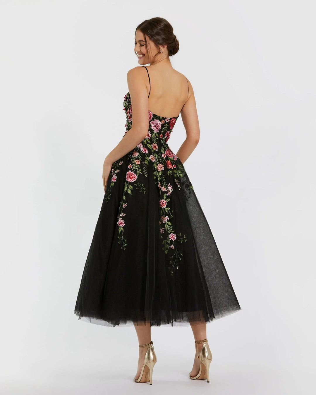 Black Multicolor Bustier Embroidered Floral A-Line Dress - FOSTANI.com