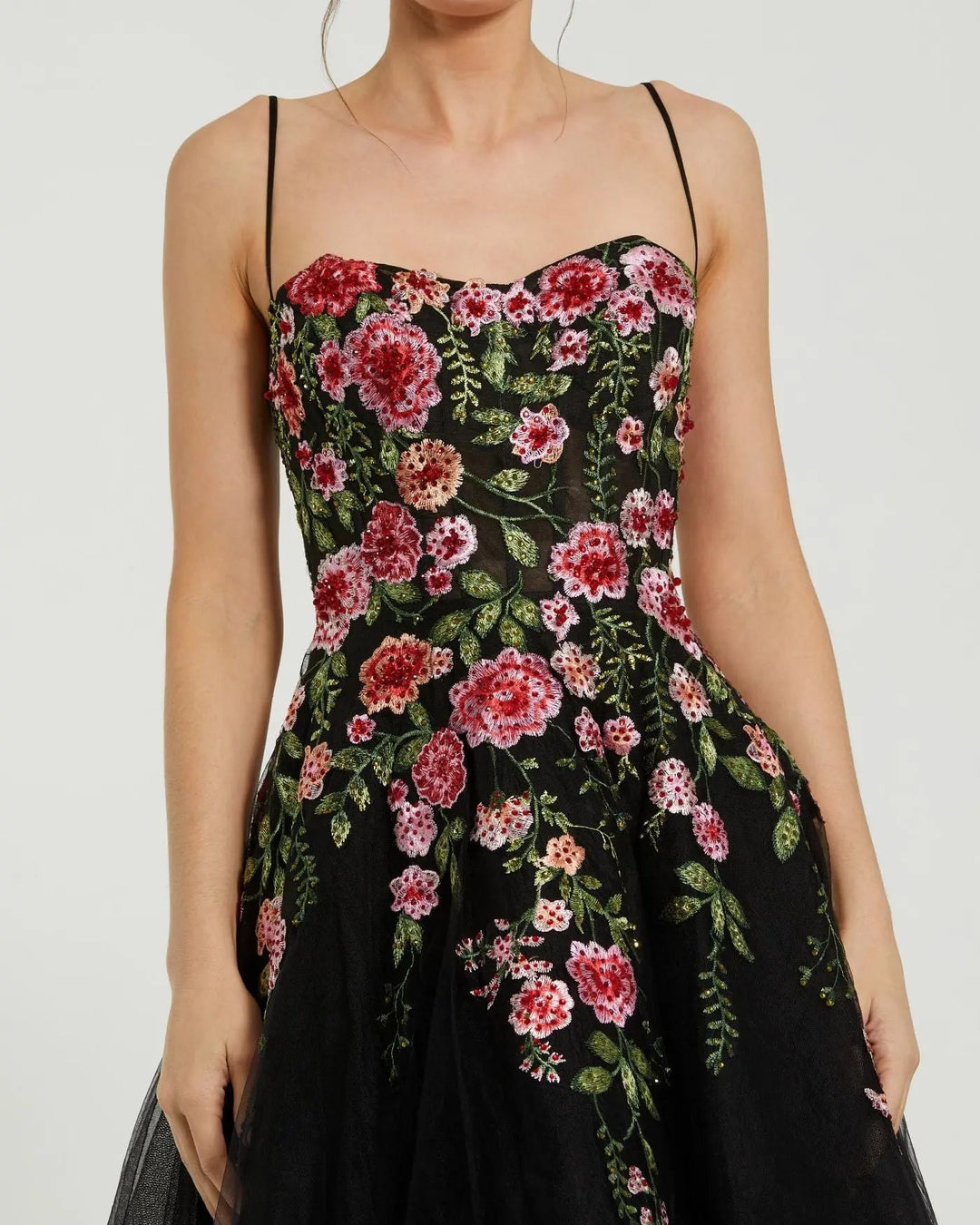 Black Multicolor Bustier Embroidered Floral A-Line Dress - FOSTANI.com