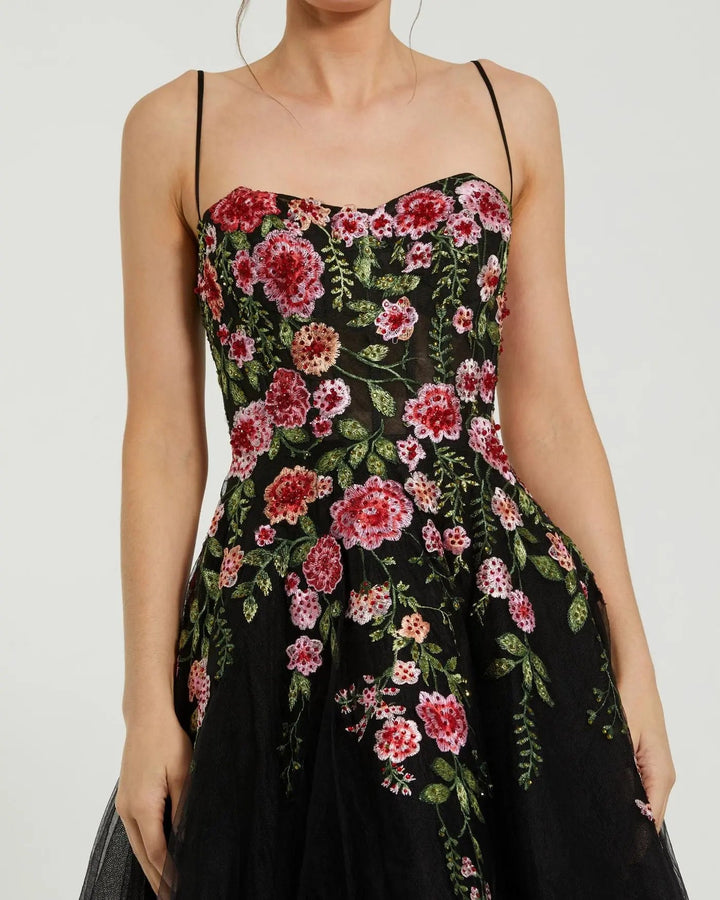 Black Multicolor Bustier Embroidered Floral A-Line Dress - FOSTANI.com