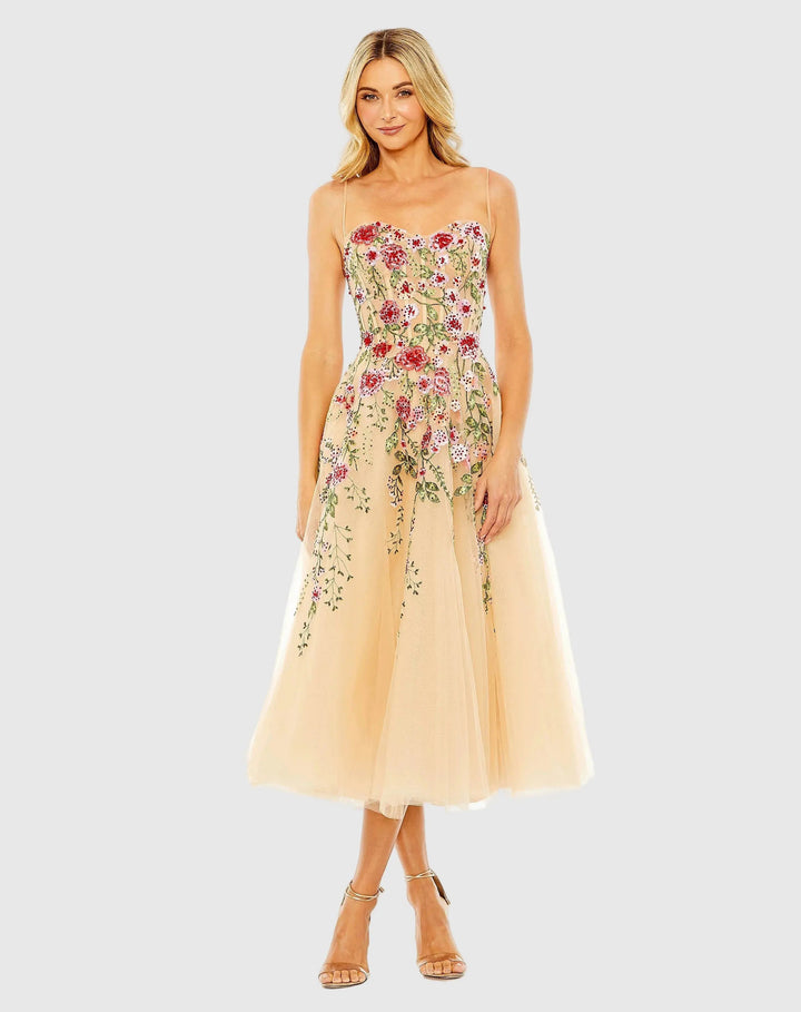 Beige Bustier Embroidered Floral A-Line Dress - FOSTANI.com