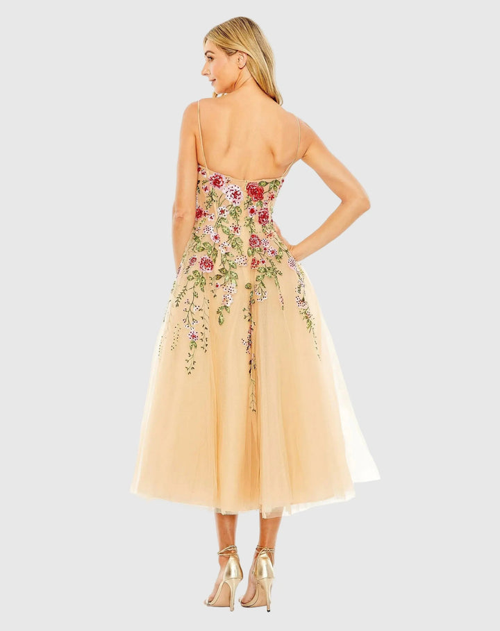 Beige Bustier Embroidered Floral A-Line Dress - FOSTANI.com