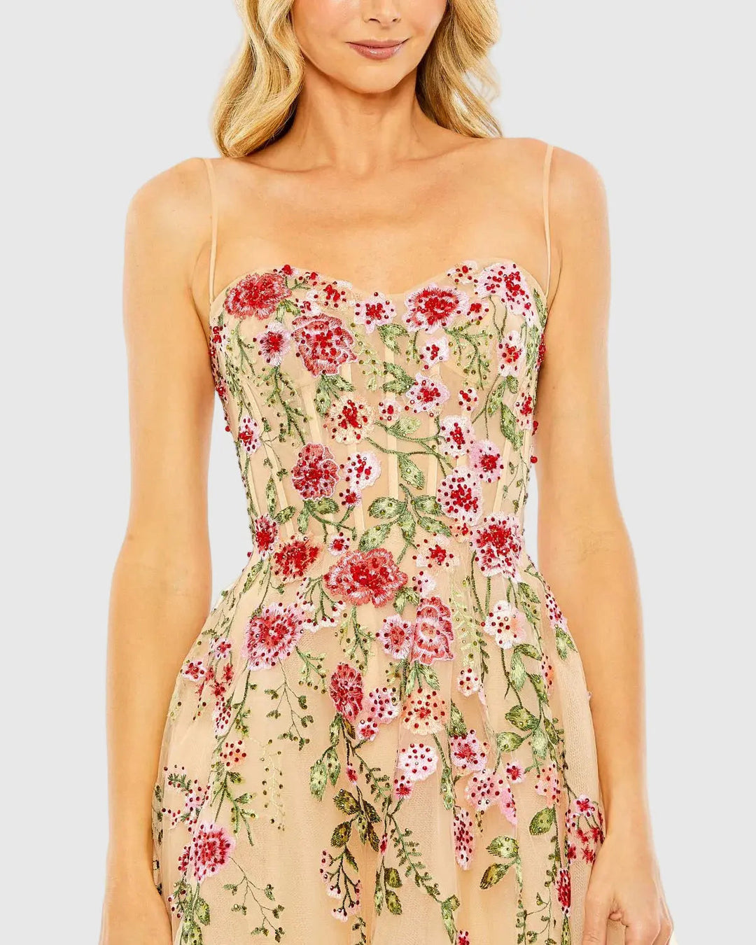 Beige Bustier Embroidered Floral A-Line Dress - FOSTANI.com