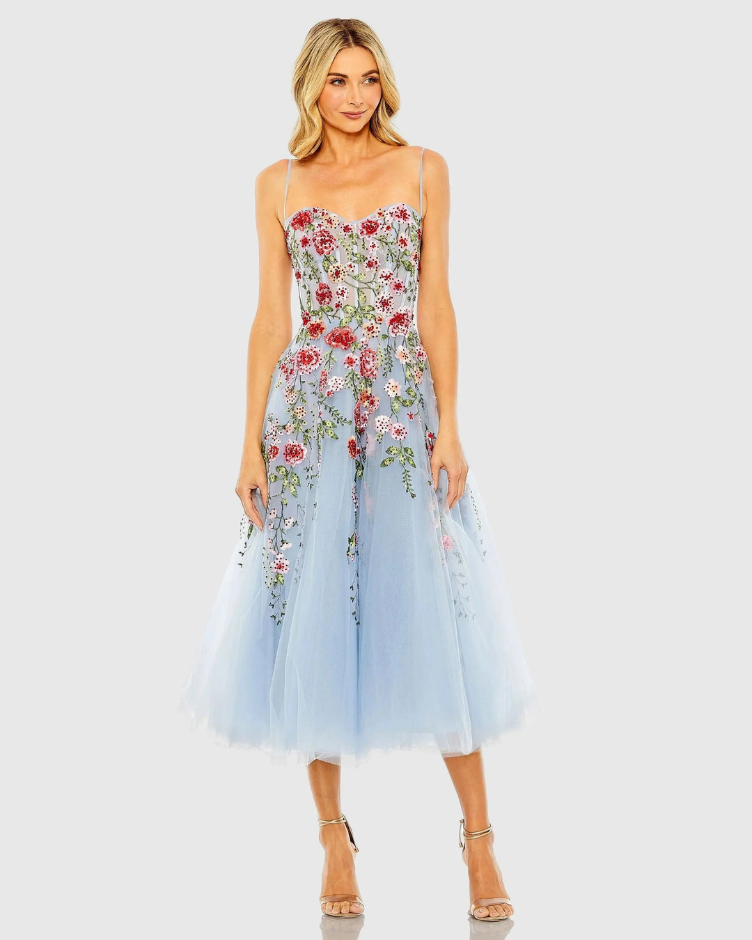Blue Bustier Embroidered Floral A-Line Dress - FOSTANI.com