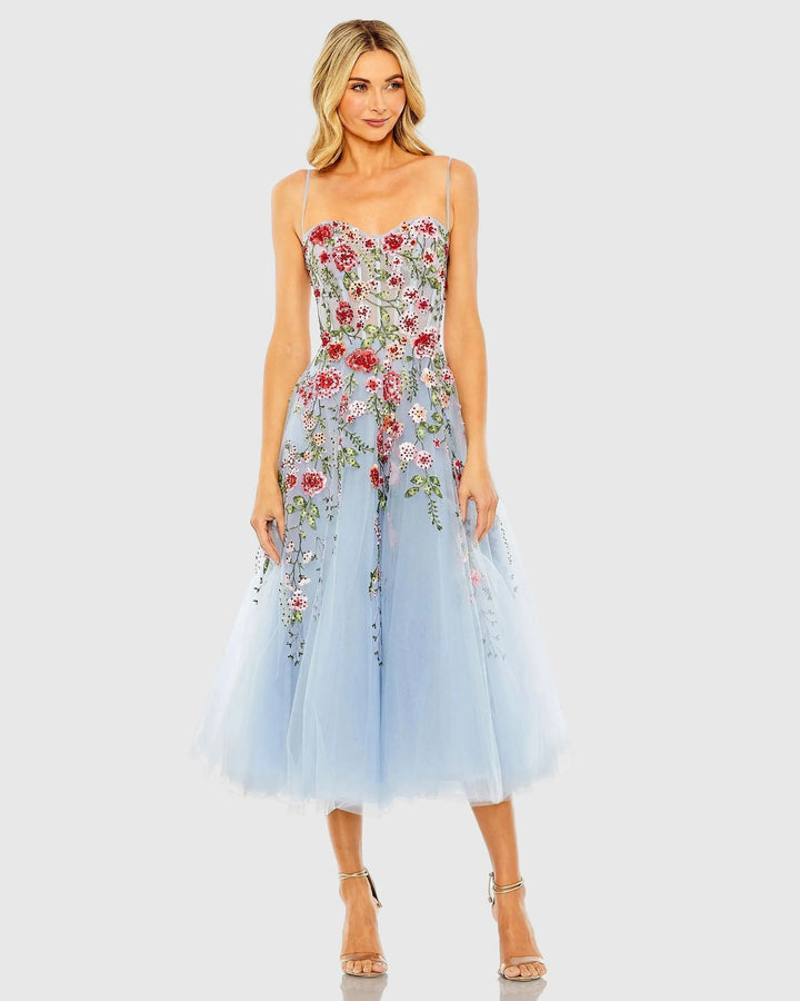 Blue Bustier Embroidered Floral A-Line Dress - FOSTANI.com