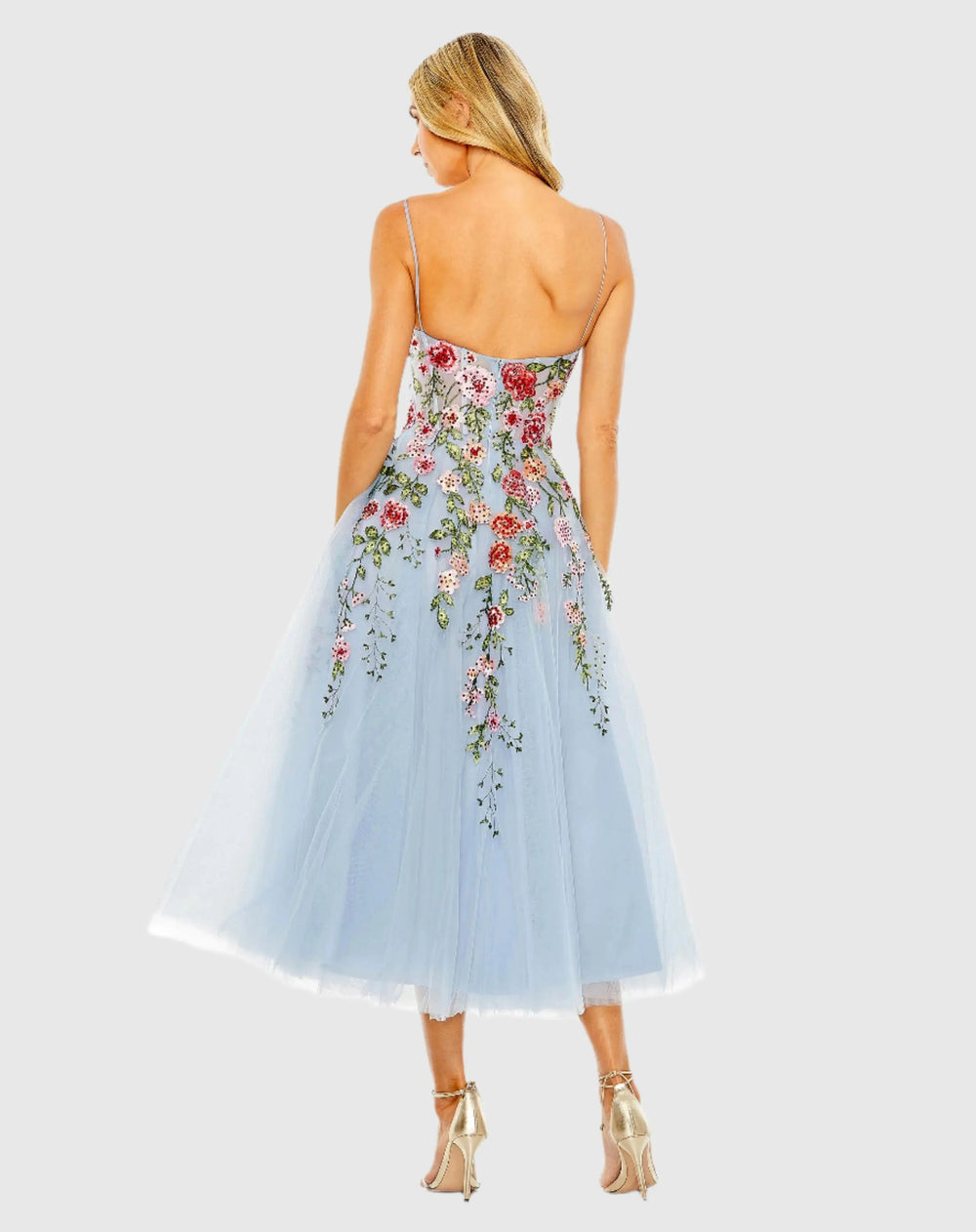Blue Bustier Embroidered Floral A-Line Dress - FOSTANI.com