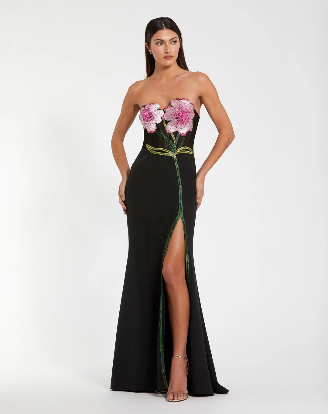 Black Strapless Sheer Embroidered Bustier Gown - FOSTANI.com