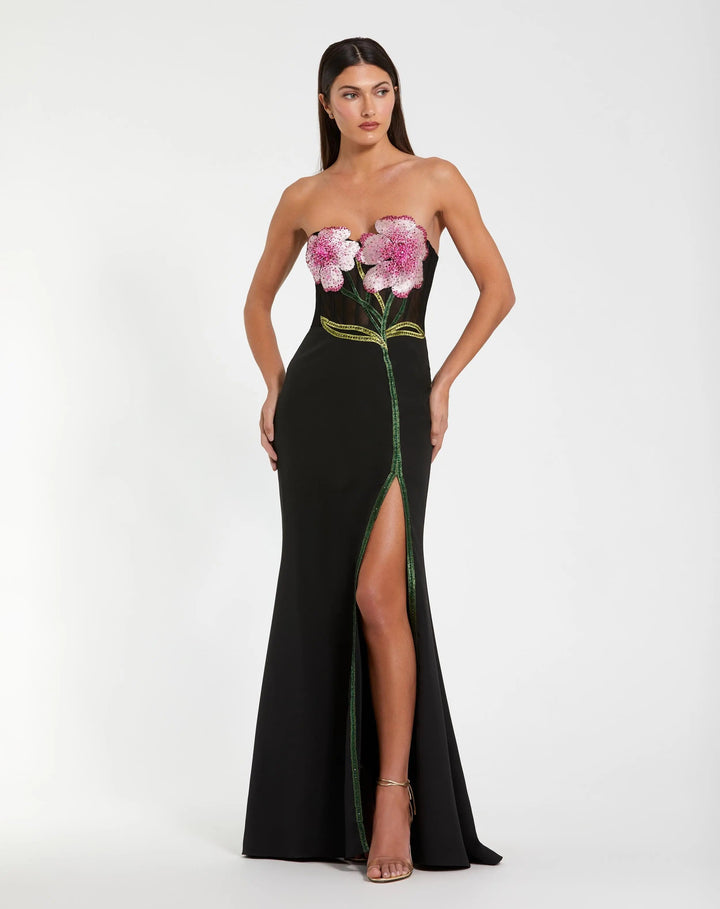 Black Strapless Sheer Embroidered Bustier Gown - FOSTANI.com