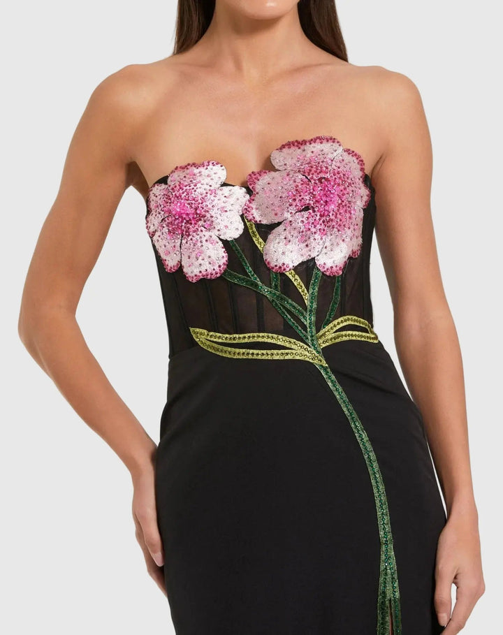 Black Strapless Sheer Embroidered Bustier Gown - FOSTANI.com