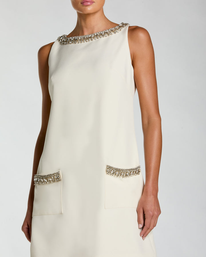 Ivory Sleeveless Shift Mini Dress with Rhinestone Trim - FOSTANI.com