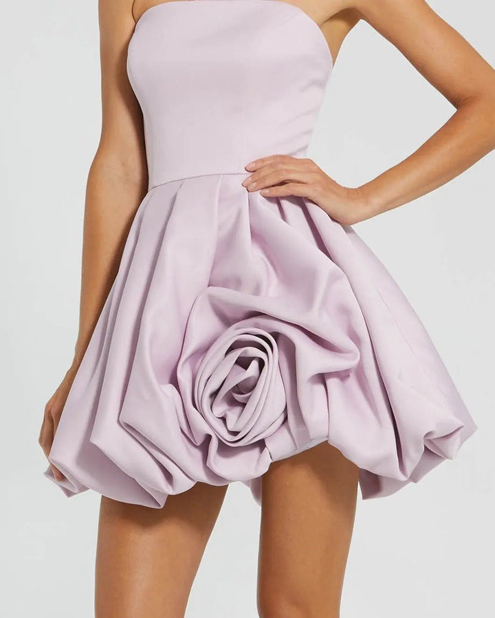 Purple Strapless Mini Dress With Rose Ruffle Detail - FOSTANI.com