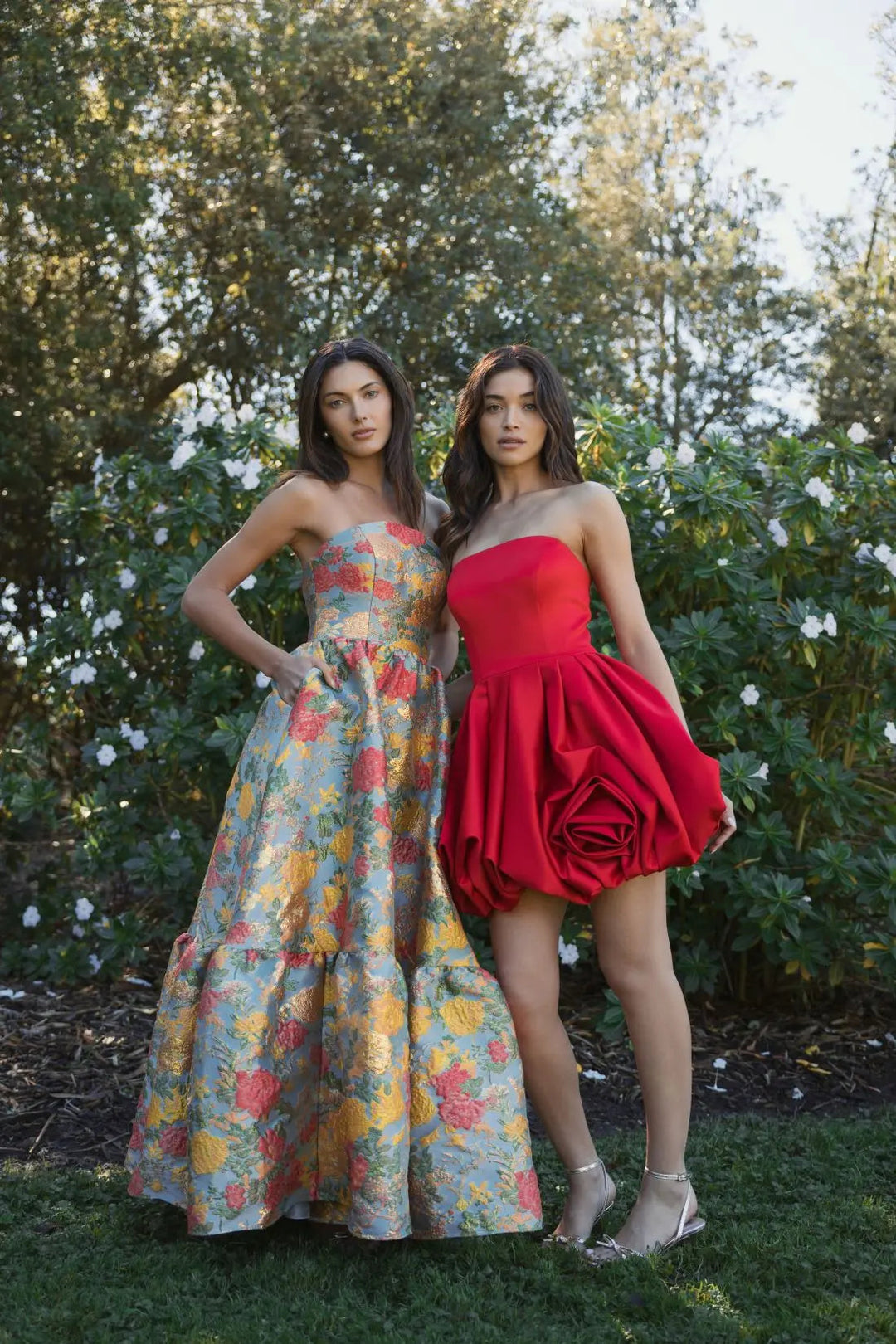 Red Strapless Mini Dress With Rose Ruffle Detail - FOSTANI.com