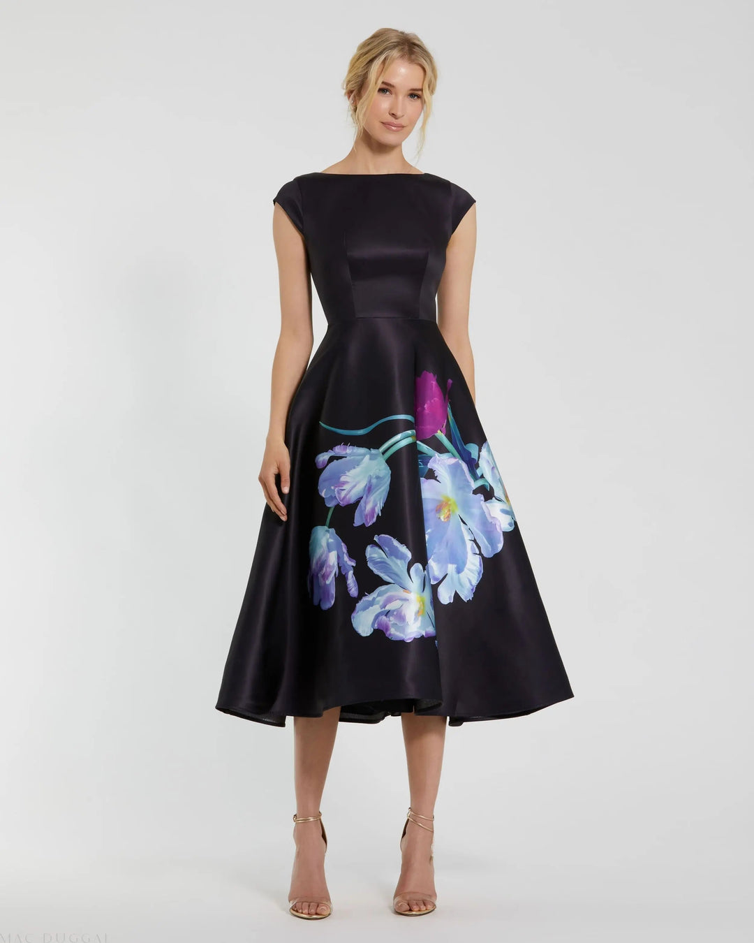 Black Satin Cap Sleeve Midi Dress With Floral Print - FOSTANI.com