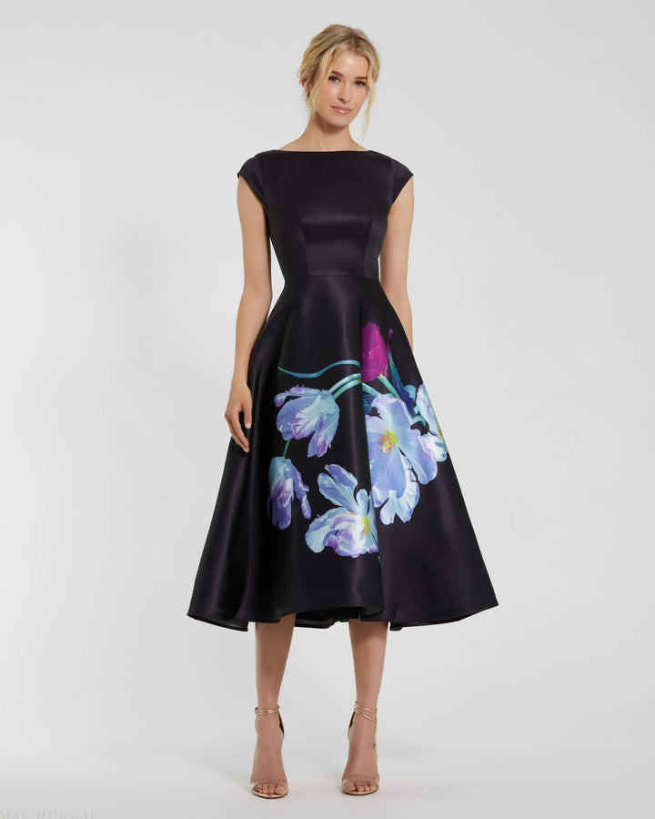 Black Satin Cap Sleeve Midi Dress With Floral Print - FOSTANI.com
