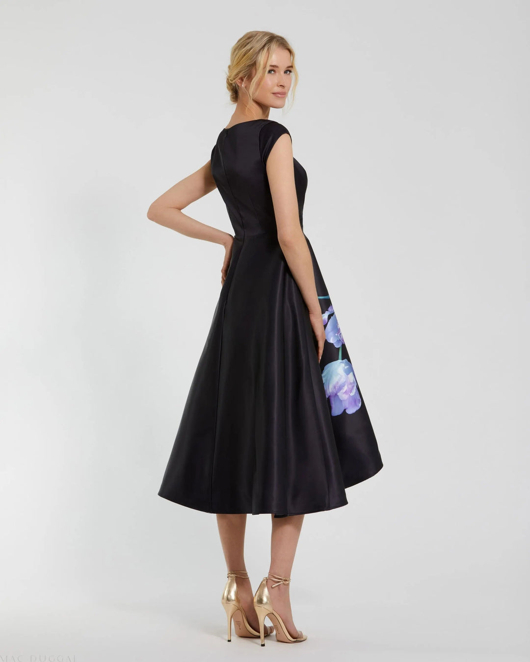 Black Satin Cap Sleeve Midi Dress With Floral Print - FOSTANI.com