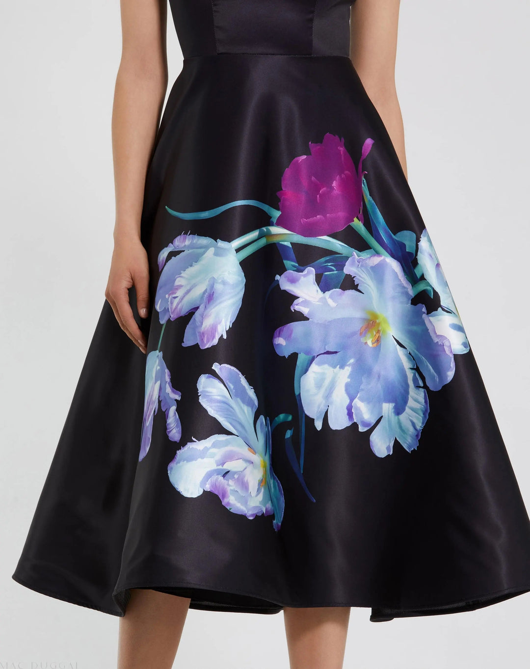Black Satin Cap Sleeve Midi Dress With Floral Print - FOSTANI.com