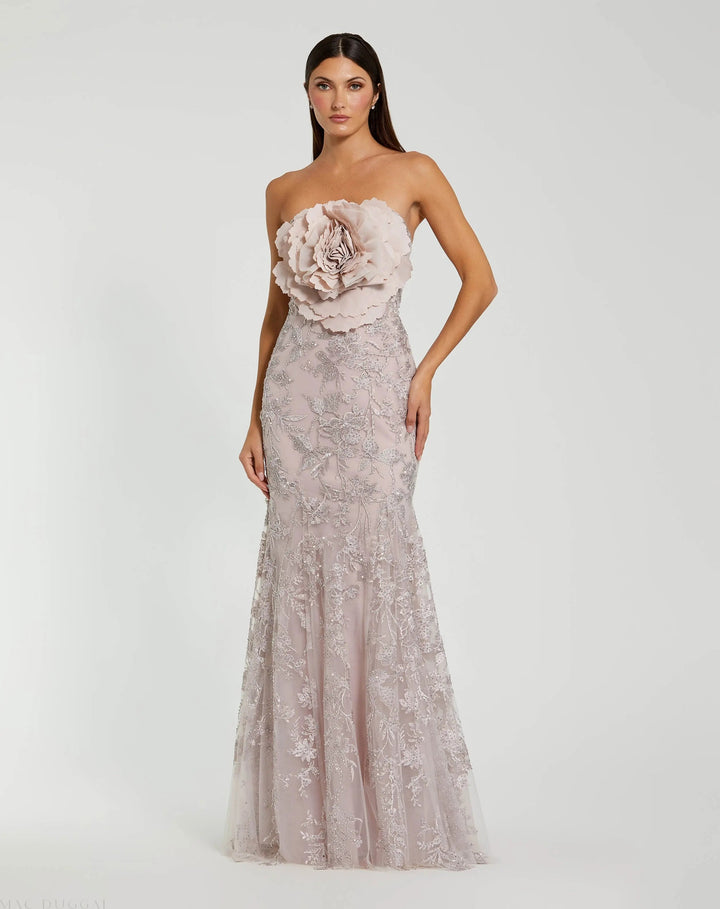 Mac Duggal 21036 Strapless Lace Embellished Trumpet Gown With 3D Flower