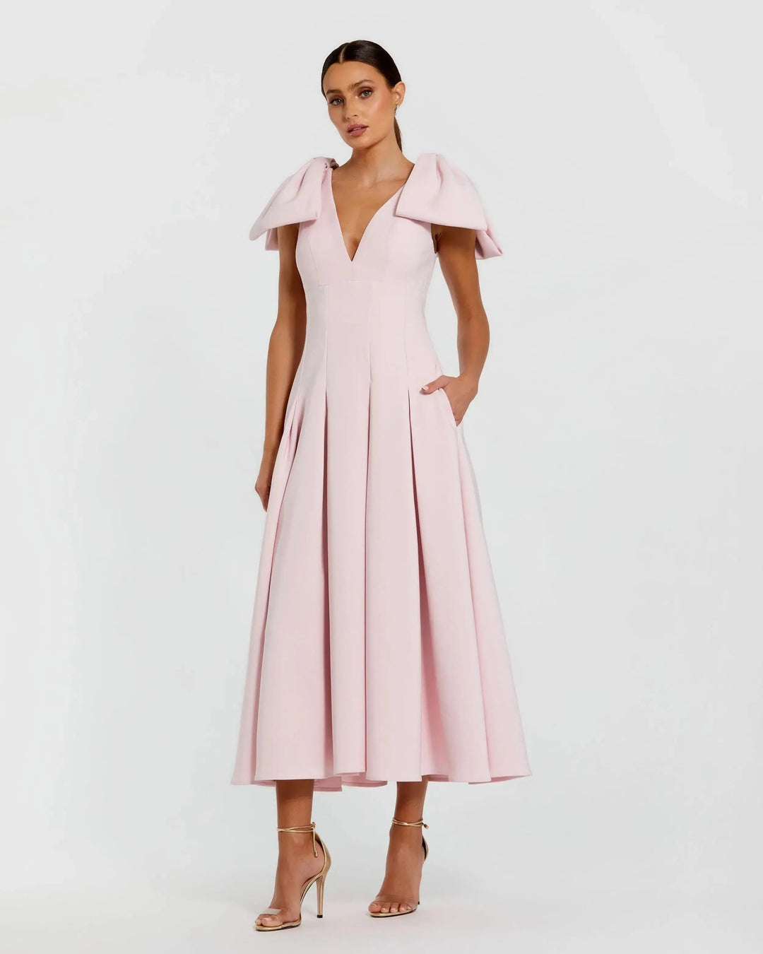 Pink Crepe A Line Midi Dress With Bow Straps - FOSTANI.com