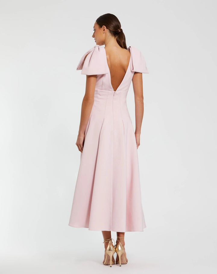 Pink Crepe A Line Midi Dress With Bow Straps - FOSTANI.com